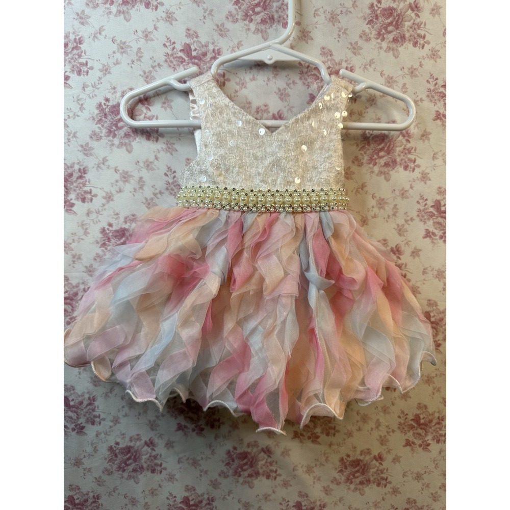 Couture Princess Baby Girls Ruffle Tulle Sequin Dress Size 3M Pink Ivory